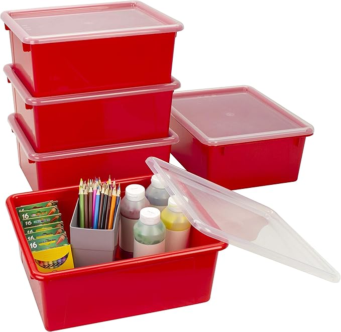 Storex Letter Size Deep Storage Tray – Organizer Bin with Non-Snap Lid for Classroom, Office and Home, Red, 5-Pack (62545A05C)