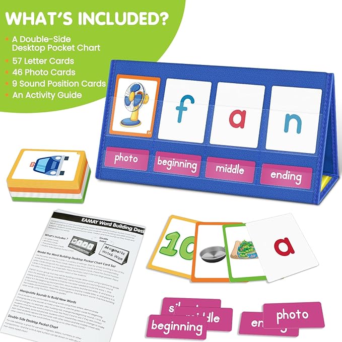 EAMAY CVC Word Building Desktop Pocket Chart Stand with Magnetic Write & Wipe Boards Tent & Cards Kit,Reading Spelling Phonics Games for Kids, Kindergarten Classroom Must Haves!