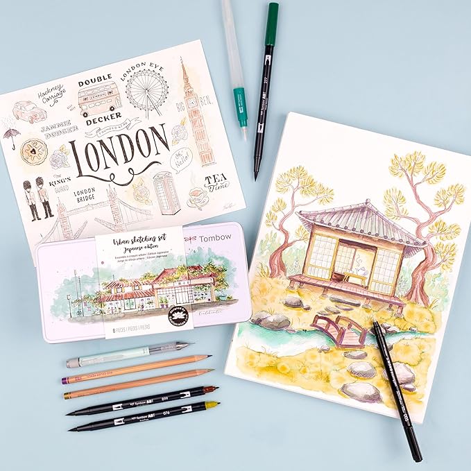 Tombow 56305 Urban Sketching Set, 8-Piece Art Set with Dual Brush Pens, Colored Pencils, Water Brush, Mechanical Pencil, Drawing Pen