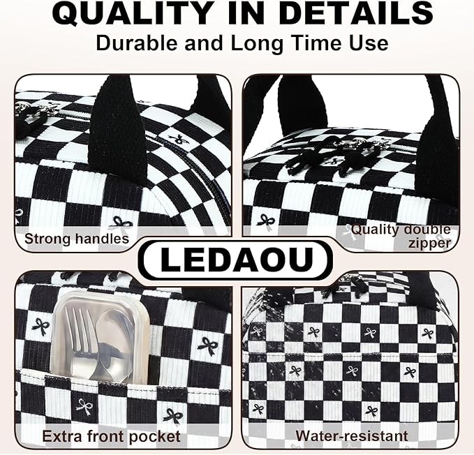 LEDAOU Lunch Box for Women Insulated Lunch Bag Corduroy Lunch Tote Bags Leakproof Cooler Lunch Case for Travel Work Picnic (Black Checkered Bow)