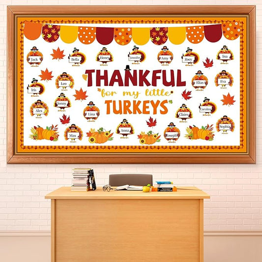 Thanksgiving Turkey Bulletin Board Set Thankful Classroom Decoration My Little Turkeys Paper Cutouts DIY Fall Crafts Bulletin Board Border for School Wall Autumn Decor Teacher Supplies
