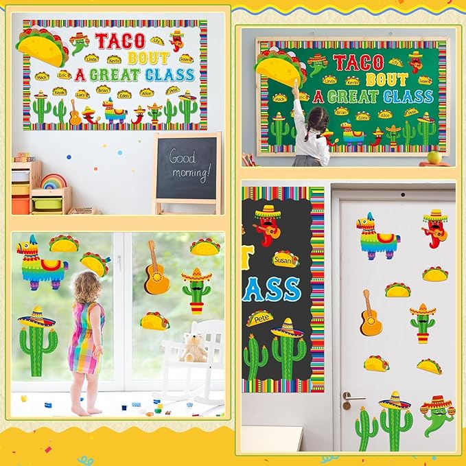 Back to School Bulletin Board Set Taco Bout a Great Class Classroom Decoration Mexican Fiesta De Mayo Themed Name Tag Cutouts for School Nursery Chalkboard Wall Door Decor Party Supplies