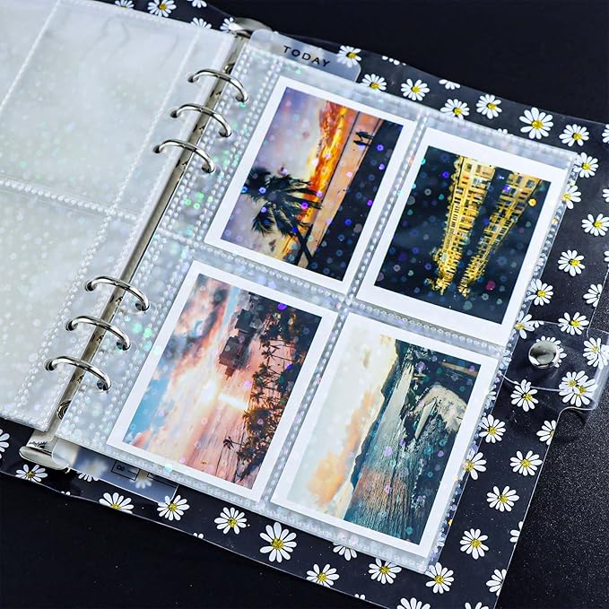A5 Photocard Sleeves 20pcs Sheet Protectors 2.5'' x 3.7'' 4 Pocket Picture Card Insets Flower Flashing Clear PP Photo Album Refill Pages for 6 Ring Binder (Flower Flashing, A5-4Pocket)