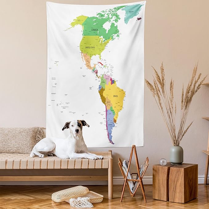 Ambesonne Map Tapestry Queen Size, Map of South and North America with Countries Capitals and Major Cities Colorful Design, Wall Hanging Bedspread Bed Cover Wall Decor, 88" X 88", Green White