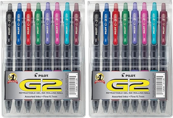 PILOT G2 Premium Gel Pens, Gel Roller Pens, Fine Point 0.7 mm Assorted Colors 8,(Pack of 2)