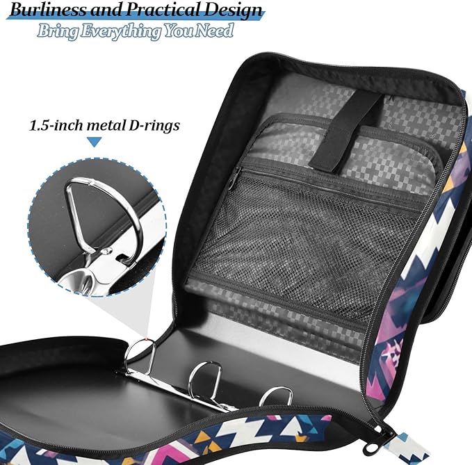3 Ring Zipper Binder with Shoulder Strap Purple Ethic Aztec 1.5 inch Binders Keeper Large Capacity Multi Pockets for School Office Supplies