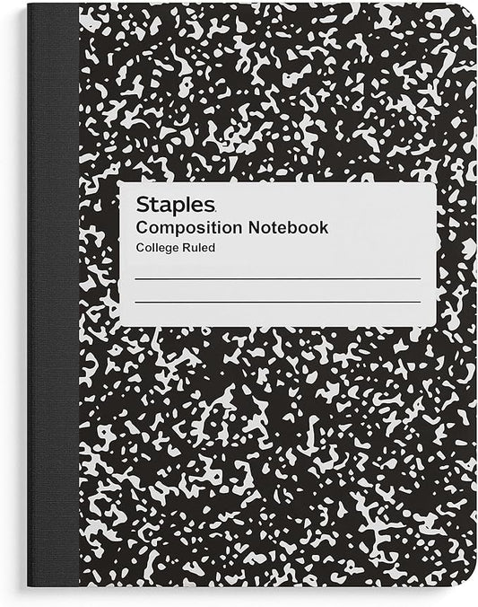 STAPLES Composition Notebook, 7.5” x 9.75”, College Ruled, 100 Sheets, Black/White Marble, 4‑Pack