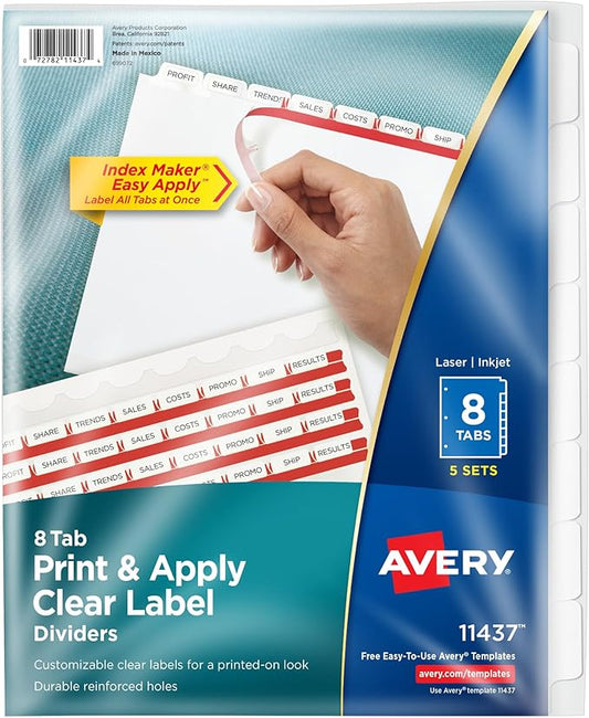 Avery 8 Tab Dividers for 3 Ring Binder, Easy Print & Apply Clear Label Strip, Index Maker Customizable White Tabs, 10-Pack of 5 Sets, 50 Sets Total (11437)