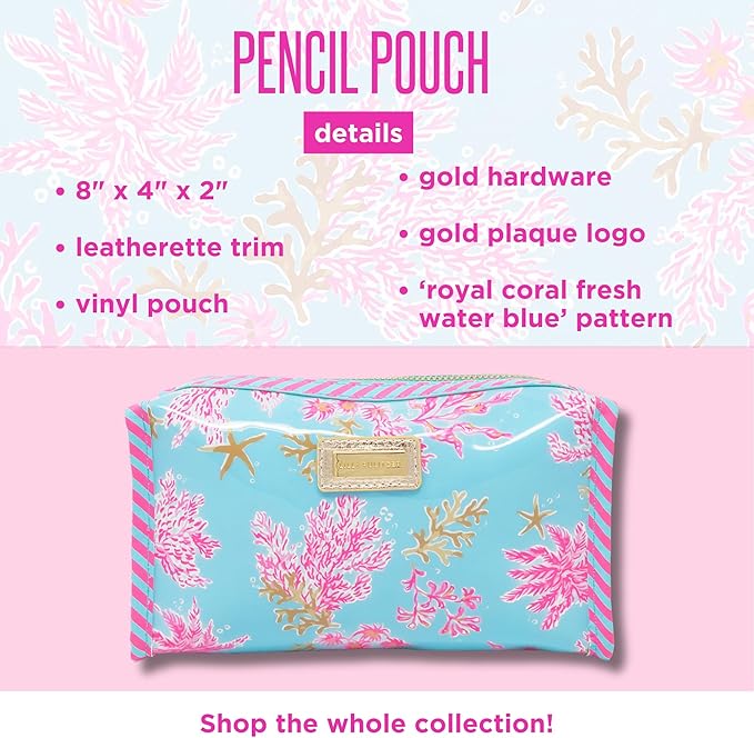 Lilly Pulitzer PVC Zipper Pouch, Cute Pencil Case for Adults, Travel Toiletry Bag, Small Pouch Bag for Supplies, Makeup or Toiletries (Royal Coral)