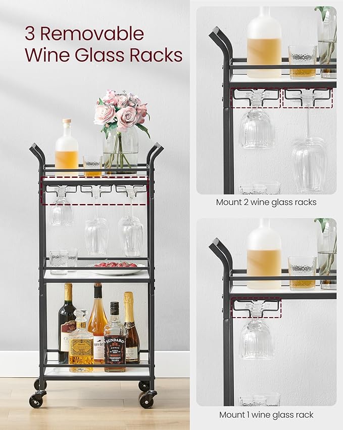 VASAGLE Bar Cart with 3-Tier Shelf, Wine & Glass Holders, Mini Bar for Small Spaces, Black