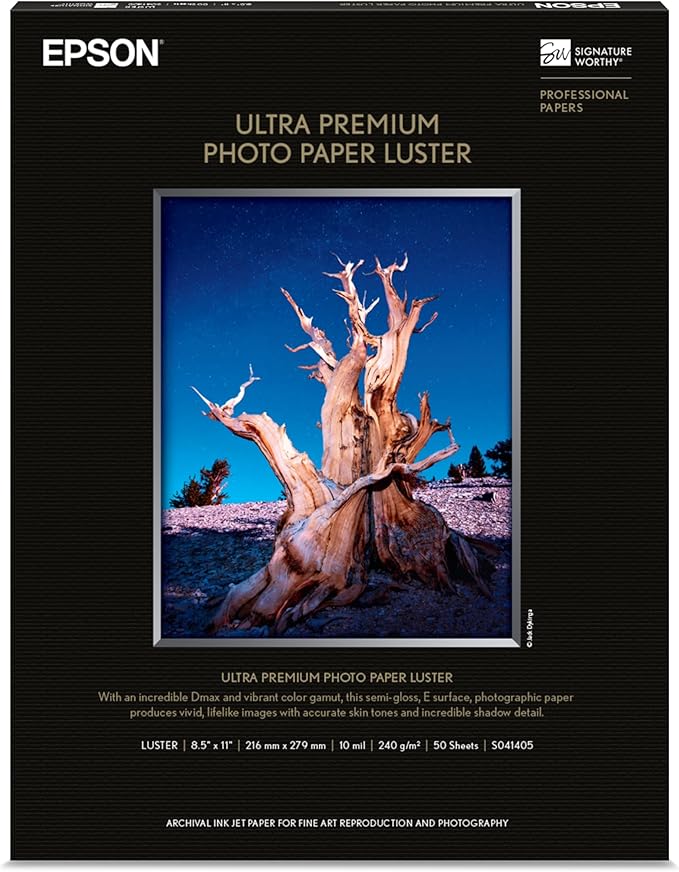 Epson S041405 Ultra Premium Photo Paper, 64 lbs., Luster, 8-1/2 x 11 (Pack of 50 Sheets),White (Packaging May Vary)