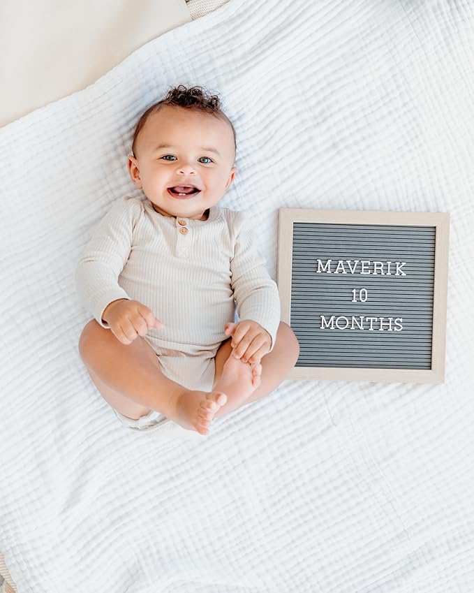 Pearhead Felt Wooden Letterboard Set - Ideal Photo Sharing Prop for Baby Announcements, Milestone Keepsake, Custom Message Board and Shower Gift - Includes 188 Letters, Numbers, and Symbols - Gray