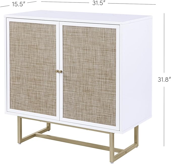 Nathan James Kova Rattan Wood Accent Natural Sideboard Storage Cabinet with Matte Metal Frame, Adjustable Interior Shelves and Cane Doors, for Hallway, Entryway or Living Room, White/Cane/Brass