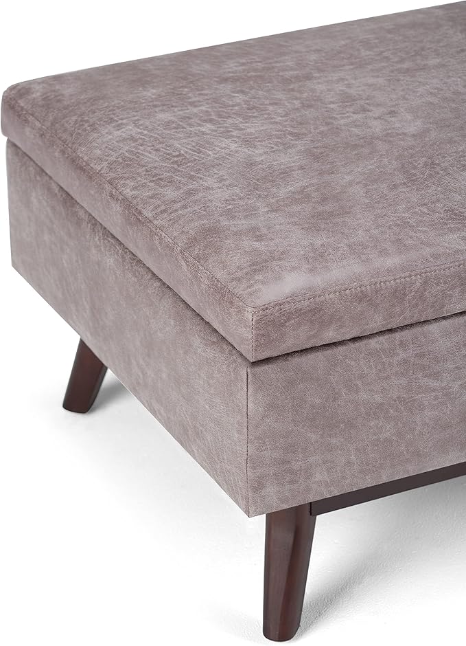 SIMPLIHOME Owen Coffee Table Storage Ottoman - 34 inch Wide Upholstered Vegan Leather Rectangular Lift-Top Ottoman in Distressed Grey Taupe, Mid-Century Modern Bench for Living Room with Tapered Legs