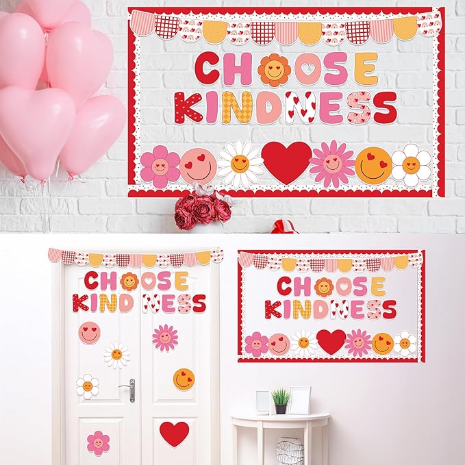 Valentine's Day Kindness Classroom Bulletin Board Decoration Set Heart Smile Face Cutouts with Borders for Valentine's Day Nursery Chalkboard Wall Decor