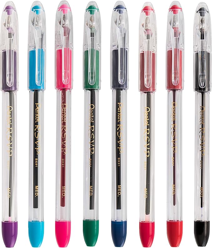 Pentel RSVP Ballpoint Pen, (1.0mm) Medium Line, Assorted Ink (BK91BP5M) (Pack of 1, 5 Count Total)