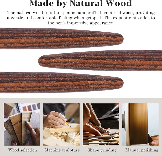 Wooden Fountain Pen, Fine Point, Handcrafted Luxury Pen with 12 Pcs 2.6 mm Ink Cartridges, Vintage Wood Pen for Business, Calligraphy, Gifts