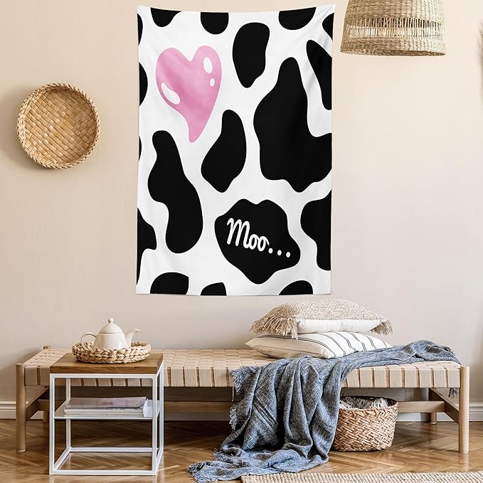Ambesonne Cow Print Tapestry, Camouflage Hide Skin Pattern in Pastel Color Shades Heart Shape Moo, Wall Hanging for Bedroom Living Room Dorm Decor, 40" X 60", Pink Black White
