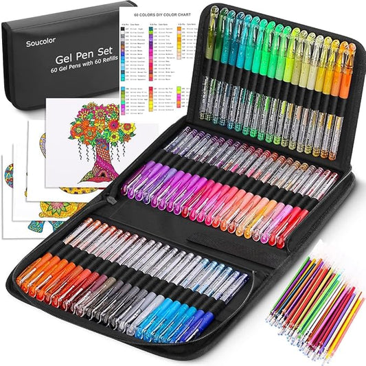 Soucolor Glitter Gel Pens for Adult Coloring Books, School Art Class Supplies,120 Pack-60 Glitter Pens, 60 Refills and Travel Case, 40% More Ink Markers Set for Drawing Doodle Journaling Planner Craft