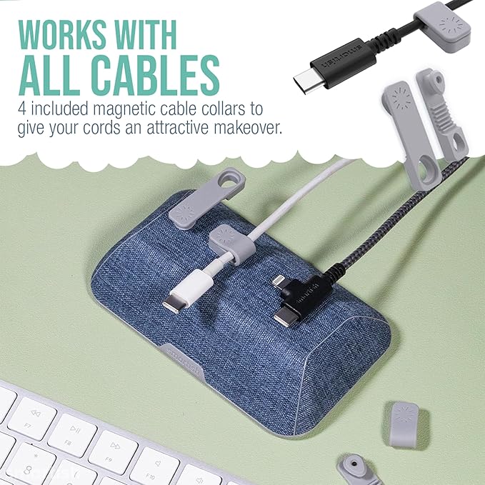 Smartish® Magnetic Cord Holder - Bigger Cable Wrangler Organizer with Magnet Clips for Charger Management on Desktop, Nightstand - Holds 6+ Cables - Blue Jeanie