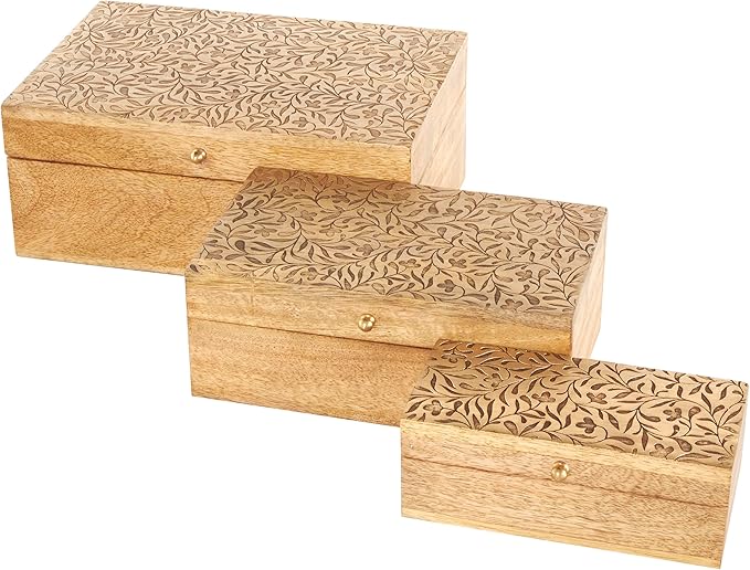 Deco 79 Mango Wood Scroll Handmade Decorative Box Storage Decorative Keepsake Box with Vine Carvings and Gold Accents, Set of 3 Storage Box 11", 9", 7"W, Brown