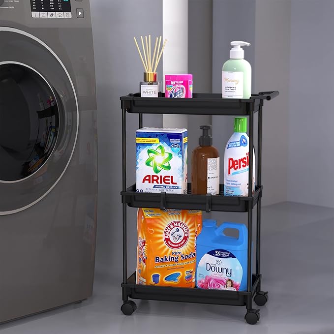 SimpleHouseware Standard 3-Tier Slim Rolling Storage Cart, Black