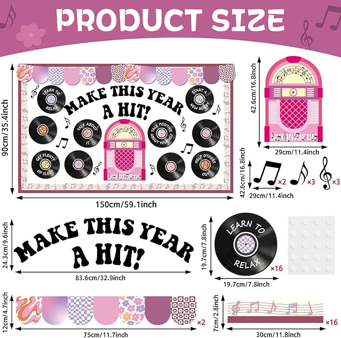 Vintage Record Bulletin Board Set Mental Health Classroom Decoration Music Retro Purple Writable Paper Cutout Make This Year A Hit Bulletin Board for Back to School Office Nursery Home Wall Door Decor