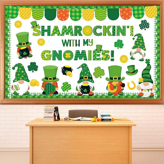 St. Patrick's Day Gnome Bulletin Board Set Shamrockin' with My Gnomies Classroom Decor Lucky Gnome Shamrocks Gold Coin Paper Cutouts Shamrock Bulletin Board Border for Green Irish Holiday School Decor