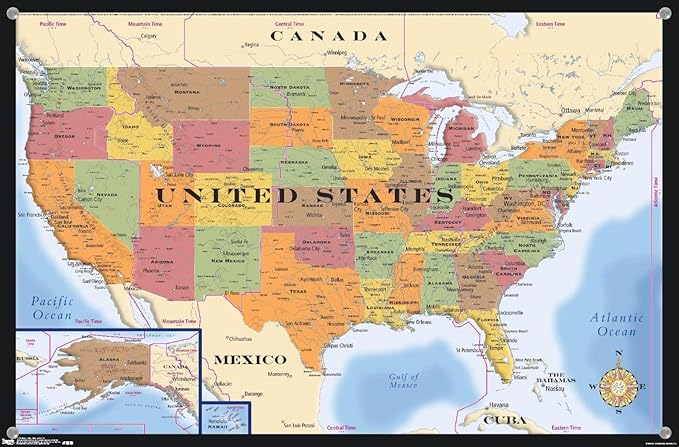 Map - USA Time Zones Wall Poster with Push Pins