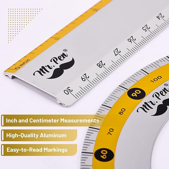 Mr. Pen- Geometry Set, Yellow Stripes, 4 Pack, Metal Geometry Kit, Triangle Ruler, Metal Ruler, Drafting Triangles, Metal Protractor, Metal Set Square, Drafting Ruler, Drafting Set