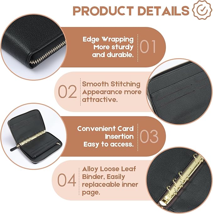 SEEKIND A6 Budget Binder, Money Saving Binder with Zipper Envelopes, PU Leather Wallet Budget Planner,Cash Envelopes and Expense Budget Sheets for Budgeting(Black)