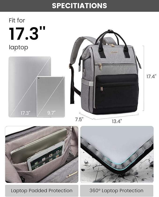 LOVEVOOK Laptop Backpack for Women, 17 Inch Work Teacher Nurse Bag, Large Capacity Business Computer Backpack Purse with USB Port, Stylish Casual Daypack for Travel,Grey&Black