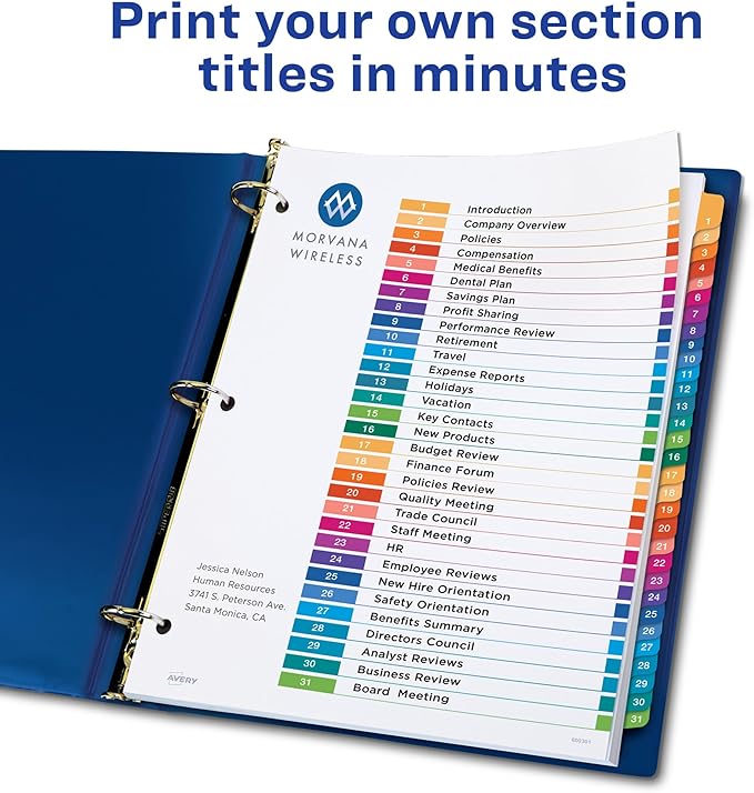Avery 1-31 Dividers for 3 Ring Binders, 31 Tabs per Set, Customizable Table of Contents, Multicolor Tabs, Great for Organizing Reports, Projects, and More (11129)