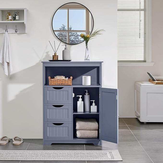 Yaheetech Bathroom Storage Cabinet Bathroom Floor Cabinet Freestanding Storage and Organizer with Door, 3 Drawers, Adjustable Shelf, 35.5 Inches Height, Gray