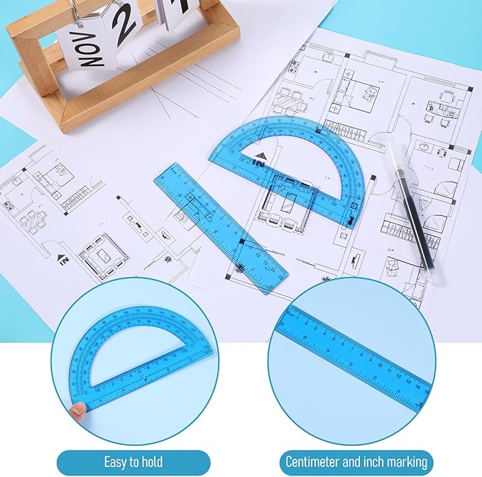 2Pcs 6 Inch Plastic Protractor and 6 Inch Plastic Ruler Set, Student Geometry Math Transparent Measuring Tools for Classroom School Office Supplies Drawing Measuring (Blue)