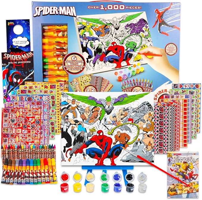 Ultimate Spiderman Painting Kit - Bundle of 50+ Drawing Supplies: Canvas, Paint Pods, Markers, Crayons, More | Spiderman Creative Coloring Canvas Set