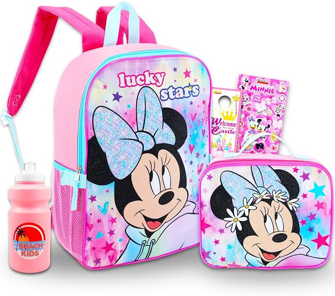 Disney Minnie Mouse Backpack with Lunch Box - 5 Pc Bundle of 16" Minnie School Bag, Lunch Box, Stickers, More (Minnie Mouse School Supplies)