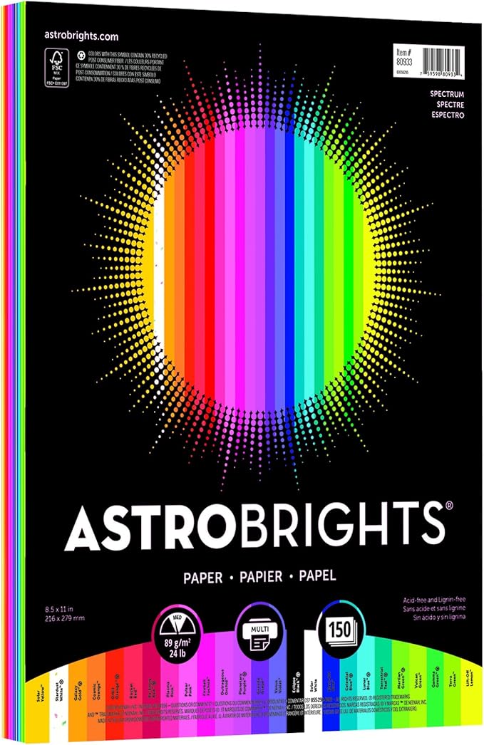 Neenah Paper Astrobrights Color Paper, 8.5” x 11”, 24 lb/89 gsm, Spectrum 25-Color Assortment, 150 Sheets (80933-01)