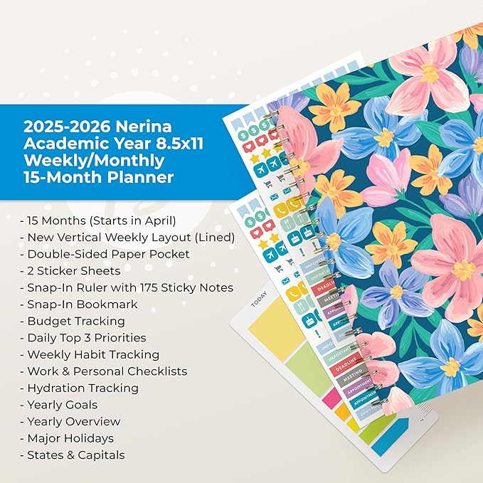 Blue Sky 15 Month Weekly and Monthly Academic Year Planner Calendar, April - June, Hard Cover, Wirebound, Laminated Tabs, Storage Pocket, Includes Snap-in Ruler w/Sticky Notes & Sticker Sheet (Nerina- 2025/2026, 8.5" x 11")