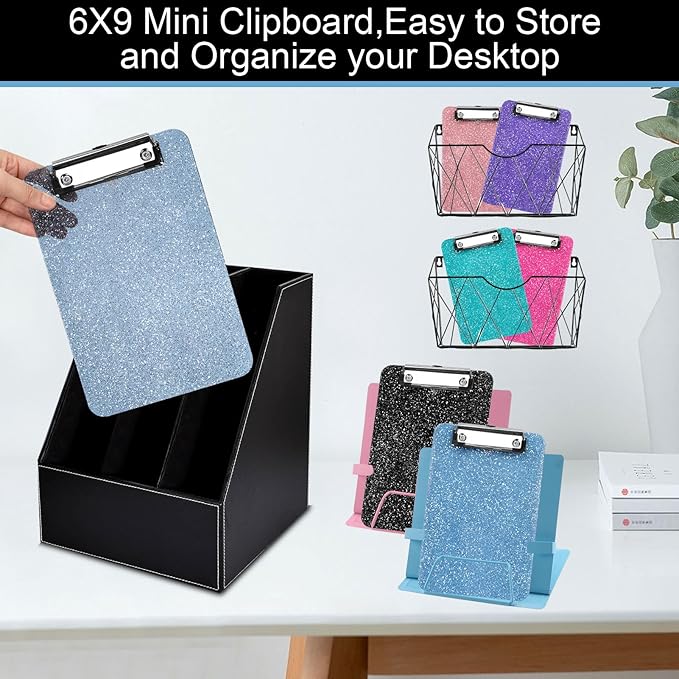 2 PCS A5 Size Clipboards,Size 6X 9inches,Glitter Clipboard with Low Profile Clip,Sparkle Plastic Clipboard,Cute Hanging Clip Boards for Office Supplies Clipboards Mini Clip Board