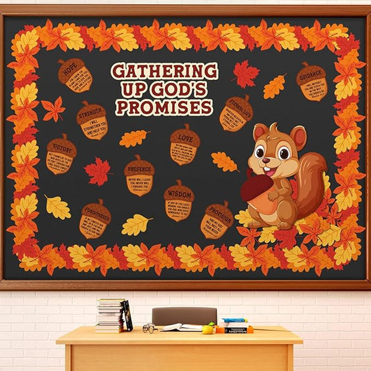 Sayglossy 105 Pcs Fall Thanksgiving Religious Bulletin Board Set Classroom Decorations Squirrel Cutouts Autumn Gathering up God's Promises Christian for Sunday School Church Decor