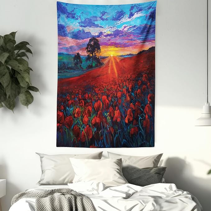 Ambesonne Country Tapestry Queen Size, Clouds at Sunset Paint Scenery of Poppy Flower Garden on Valley with Horizon, Wall Hanging Bedspread Bed Cover Wall Decor, 88" X 88", Burgundy Deep Sky Blue