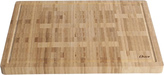 Oster Capeheart Rectangular End Grain Bamboo Cutting Board – 16.5" x 11.8" Wooden Durable Kitchen Chopping Carving Boards with Juice Grooves, Oil Finished