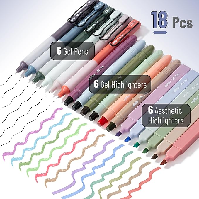 Mr. Pen Aesthetic Highlighters and Gel Pens, 18 Pack - Vintage Color Bible Highlighters No Bleed