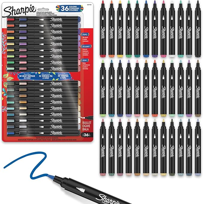 Sharpie Creative Markers Variety Pack, Water-Based Acrylic Paint Markers, Bullet Tip, Assorted, 36 Count