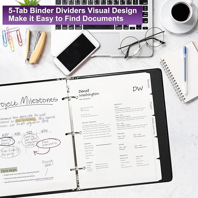 Binder Dividers with Tabs for 3 Ring Binder, 8.5 x 11 Paper Binder Dividers with Tabs 5 Tab Dividers for 3 Ring Binder, 4 Sets Page Dividers for School, Office and Home, 20 Dividers