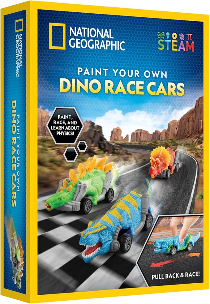 National Geographic Pull Back Dinosaur Race Cars Craft Kit - Paint 3 Dino Racecars with 6 Paint Colors, Dinosaur Toys for Kids, Kids Painting Kit, Arts & Crafts for Kids