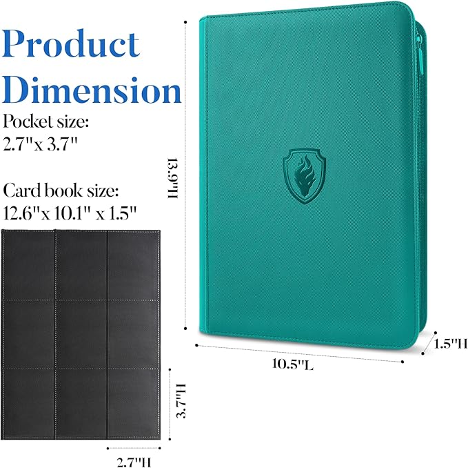 Premium Zip Card Binder, Fabmaker 9 Pocket Trading Card Binder, PU Cover Zipper Card Collection Album, Sturdy 360 Side-Loading Card Folder Holder for Game & Sports Cards, Turquoise