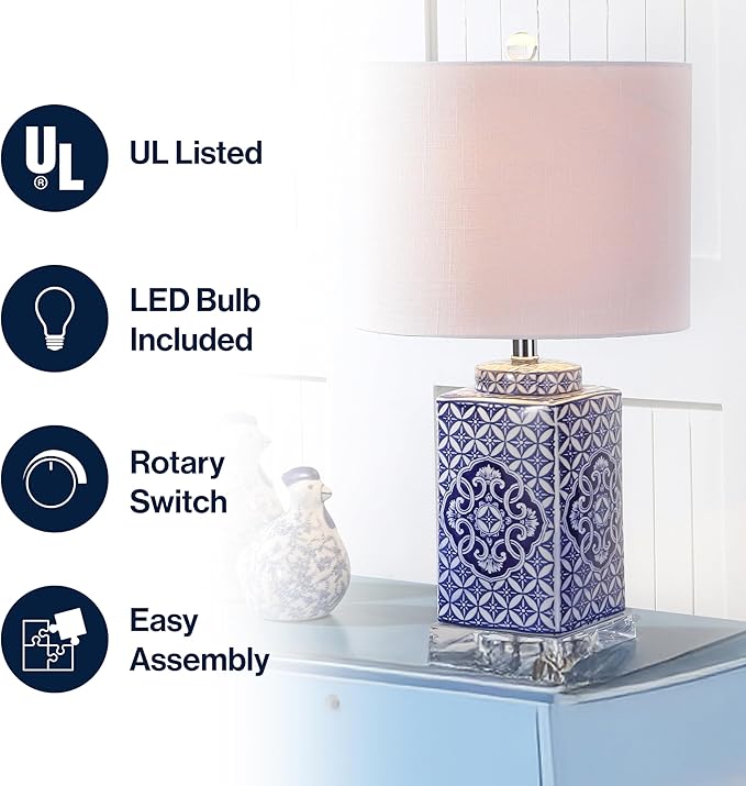 JONATHAN Y 23" Blue and White Chinoiserie Ceramic Table Lamp, Traditional Hand-Painted Bedside Lamp for Living Room Bedroom, White Linen Drum Shade, LED Bulb Included JYL3006A