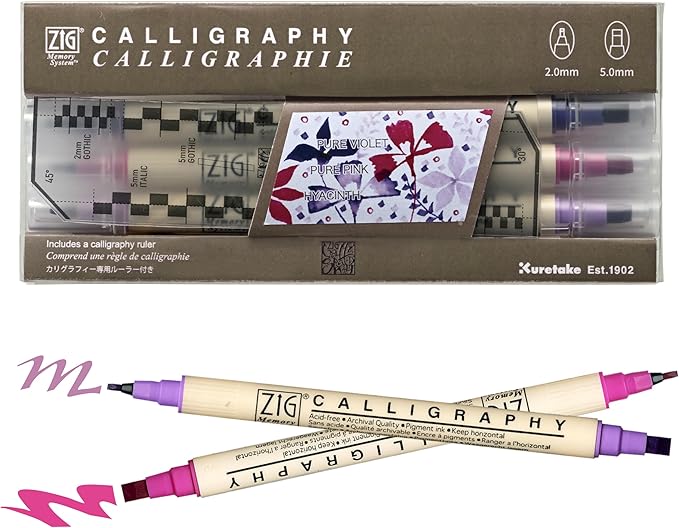 Kuretake Zig Calligraphy Dual Tip Marker Pens 3 colors set, VioletPink, 2mm, 5mm, Double Tip, for Art, Sketch, illustration, Calligraphy, Journal, Drawing, Made in Japan